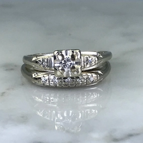 Luminous Sparkle Antique Diamond Bridal Set. Engagement Ring and Wedding Band. 14K White Gold. Size 6