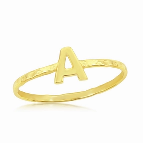 Luminous Edge Classic Look Sterling Silver 'A' Initial Hammered Band Ring - Gold Plated