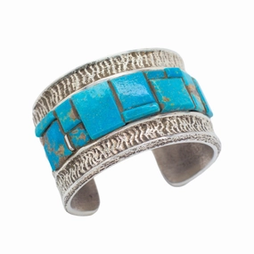 Artistic Detail Vibrant Shine Finish Tufa Cast Handmade Navajo Sterling Turquoise Bracelet Hallmark Unknown