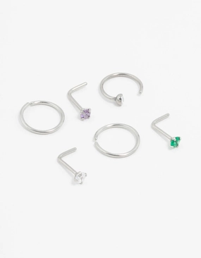 Refined Style Surgical Steel Pastel Cubic Zirconia Nose Stud & Ring 6-Pack