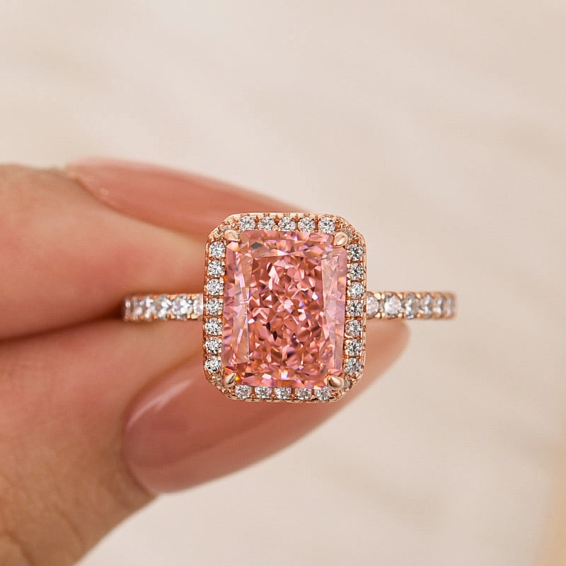 Unique Appearance Artistic Shape 3.0Ct Radiant Cut Halo Pink Stone Engagement Ring In Sterling Silver
