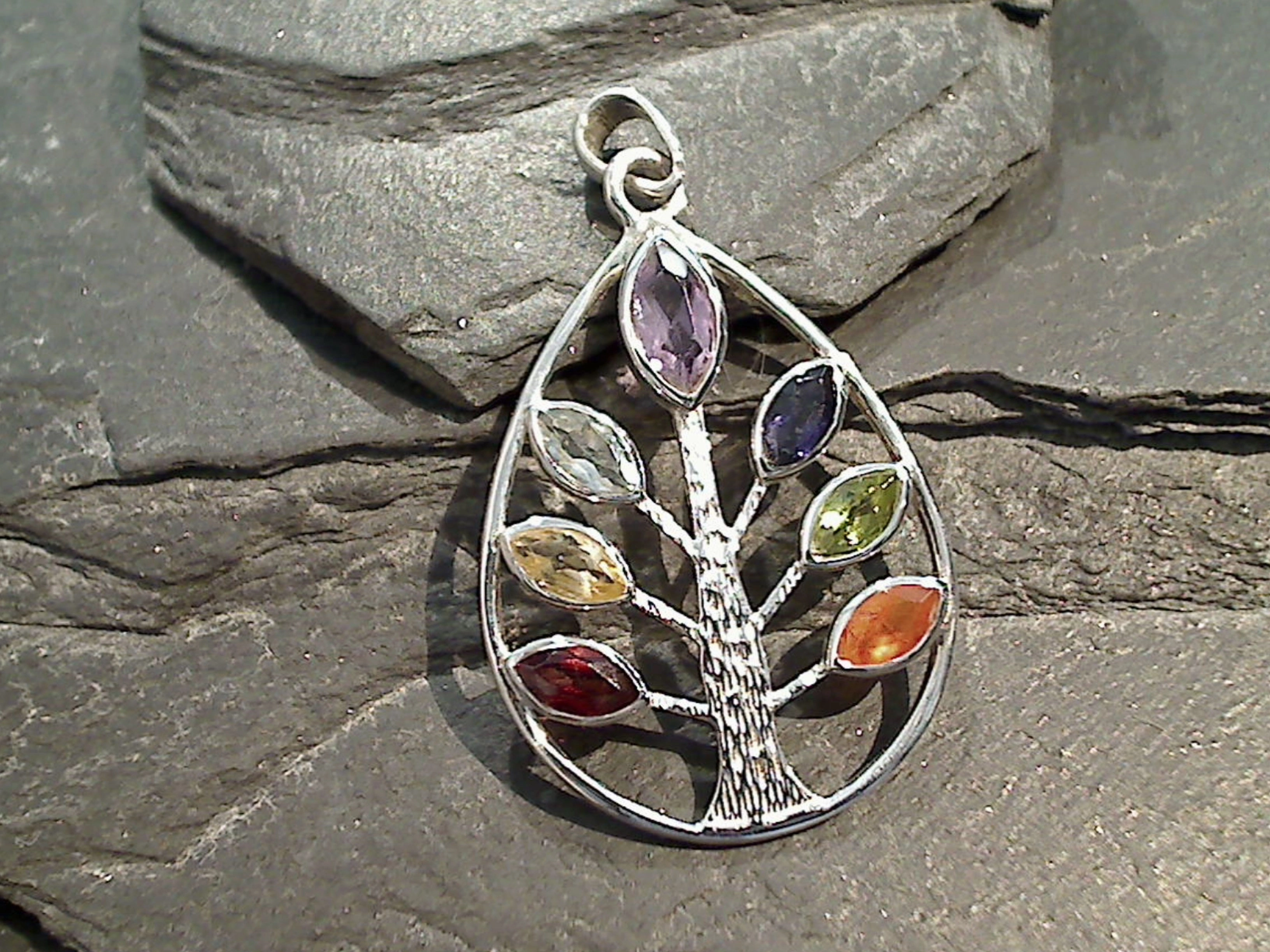 Sleek Highlight Chakra Stones, Sterling Silver Tree Of Life Pendant