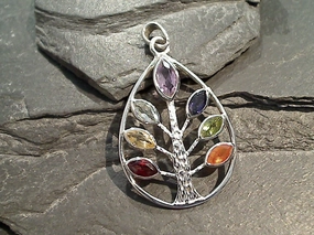 Sleek Highlight Chakra Stones, Sterling Silver Tree Of Life Pendant