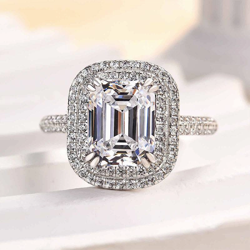 Louily Attractive Double Halo Emerald Cut Engagement Ring Custom Measurement Special Friend