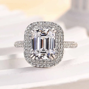 Lightweight Build Trendy Embellishment Louily Attractive Double Halo Emerald Cut Engagement Ring