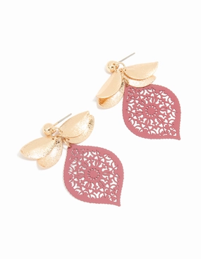 Gold Pink Filigree & Textured Leaf Drop Earrings Radiant Jewelry Shine