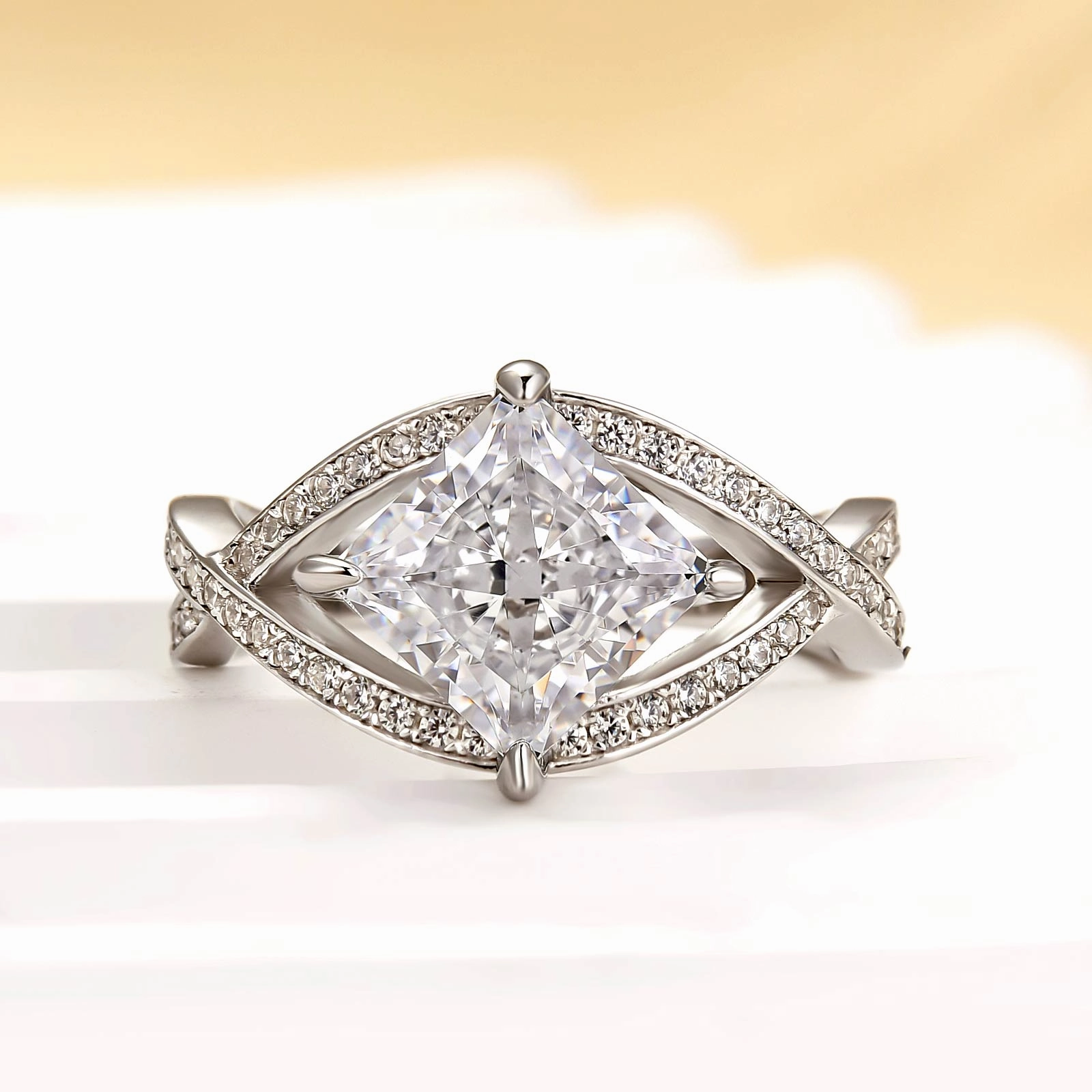 Louily Unique 2.0 Carat Princess Cut Engagement Ring For Women Graceful Accent Metallic Sheen