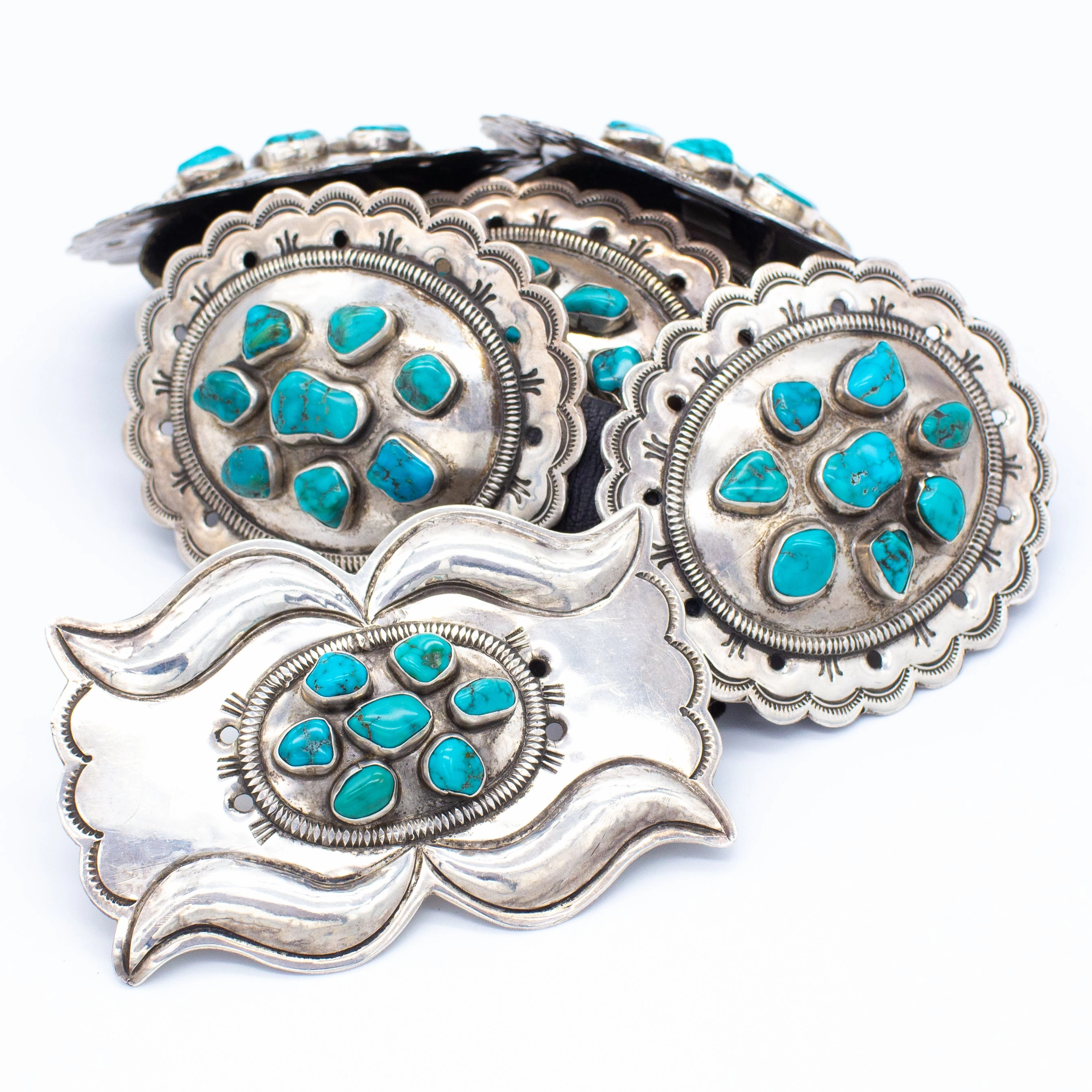 Joe H Quintana Cochiti Handmade Sterling Silver Turquoise Concho Belt Youthful Glow Fashion Layer