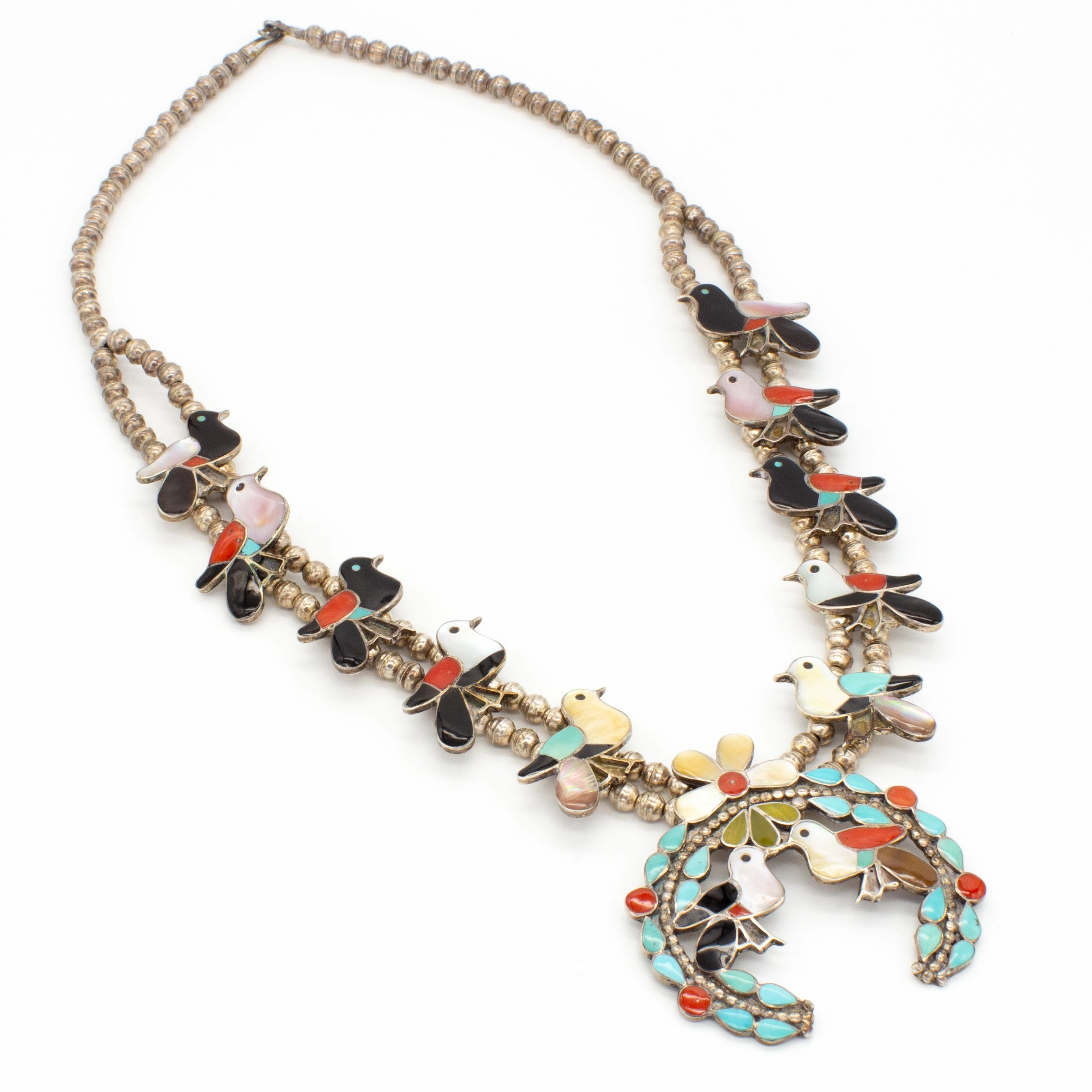 Wesley & Ella Gia Zuni Handmade Birds Sterling Silver Squash Blossom Necklace Allure Form Refined Contour