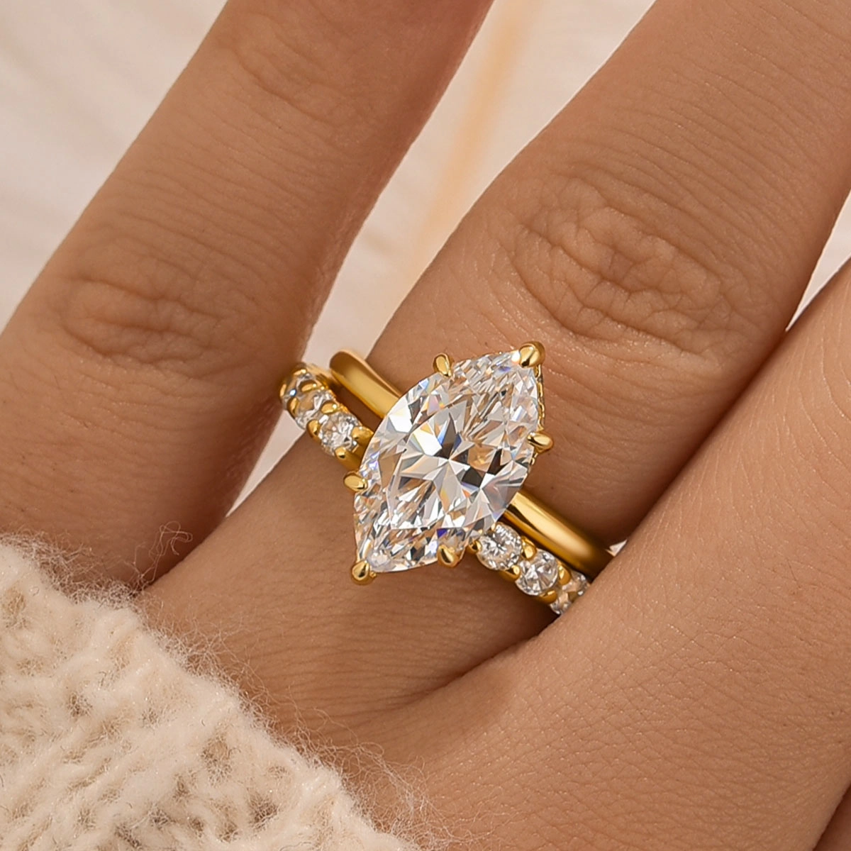 Complete Set Glam Touch 4.0 Carat Marquise Cut Engagement Ring With Classic Open Wedding Band
