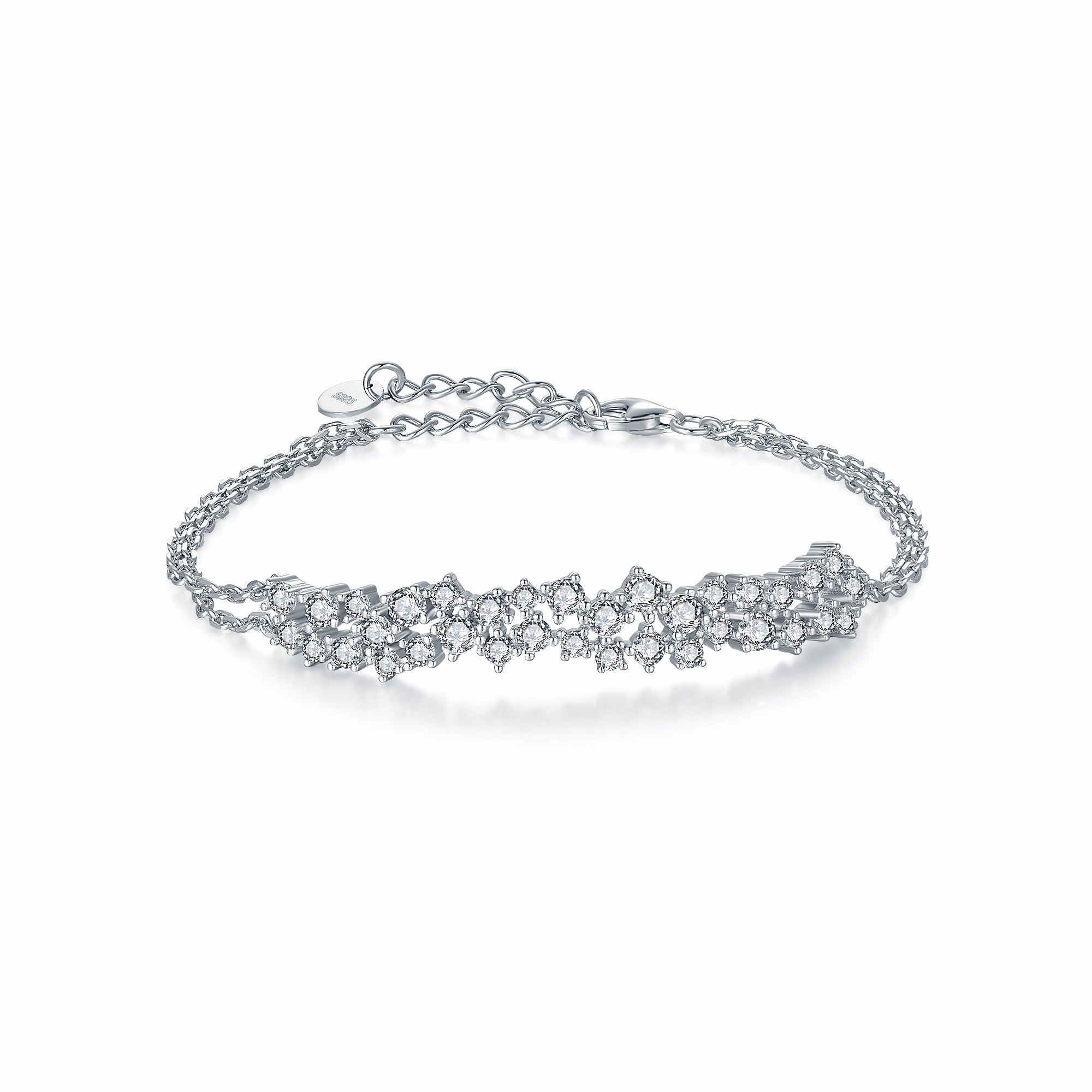 Glam Pairing Sterling Silver CZ Sprinkled Bar Bracelet on Double Chain