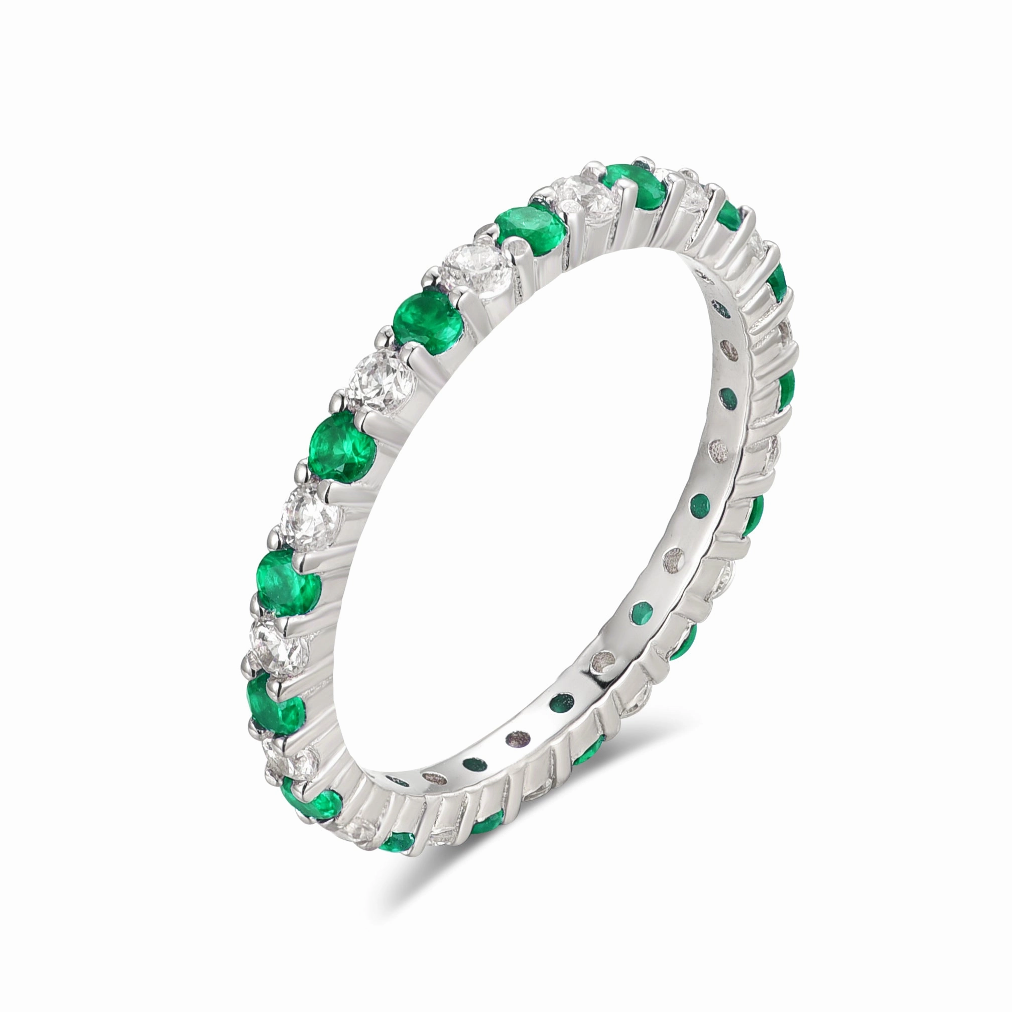 Minimalist Piece Elegant Piece Rhodium Plated Sterling Silver Alternating Clear and Colorful CZ Eternity Band Ring