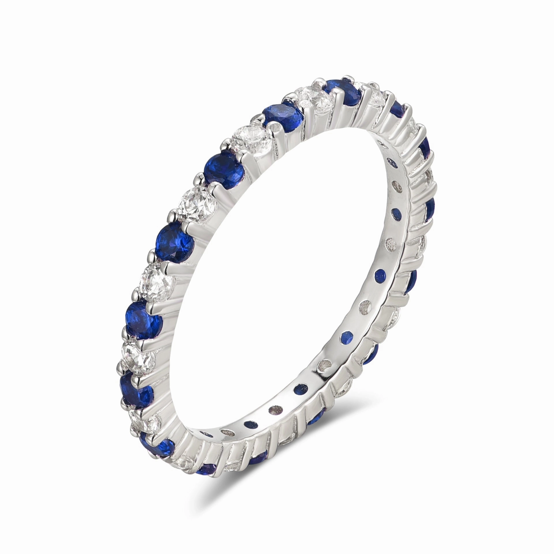Rhodium Plated Sterling Silver Alternating Clear and Colorful CZ Eternity Band Ring Polished Lines