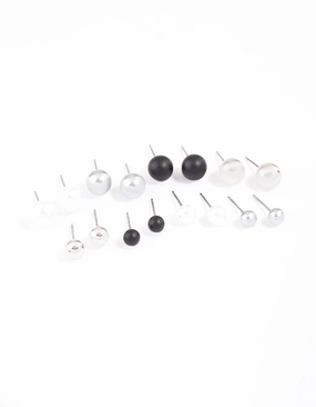 Mixed Metal Pearl & Ball Stud Earrings 8-Pack Wedding Look Shimmering Detail