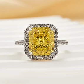 Affordable Creation Louily Halo Yellow Stone 5.0Ct Radiant Cut Engagement Ring In Sterling Silver
