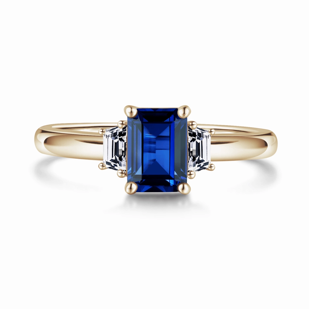 Emerald Cut Blue Sapphire and White Sapphire Three Stone Ring True Accent Highlight Feature