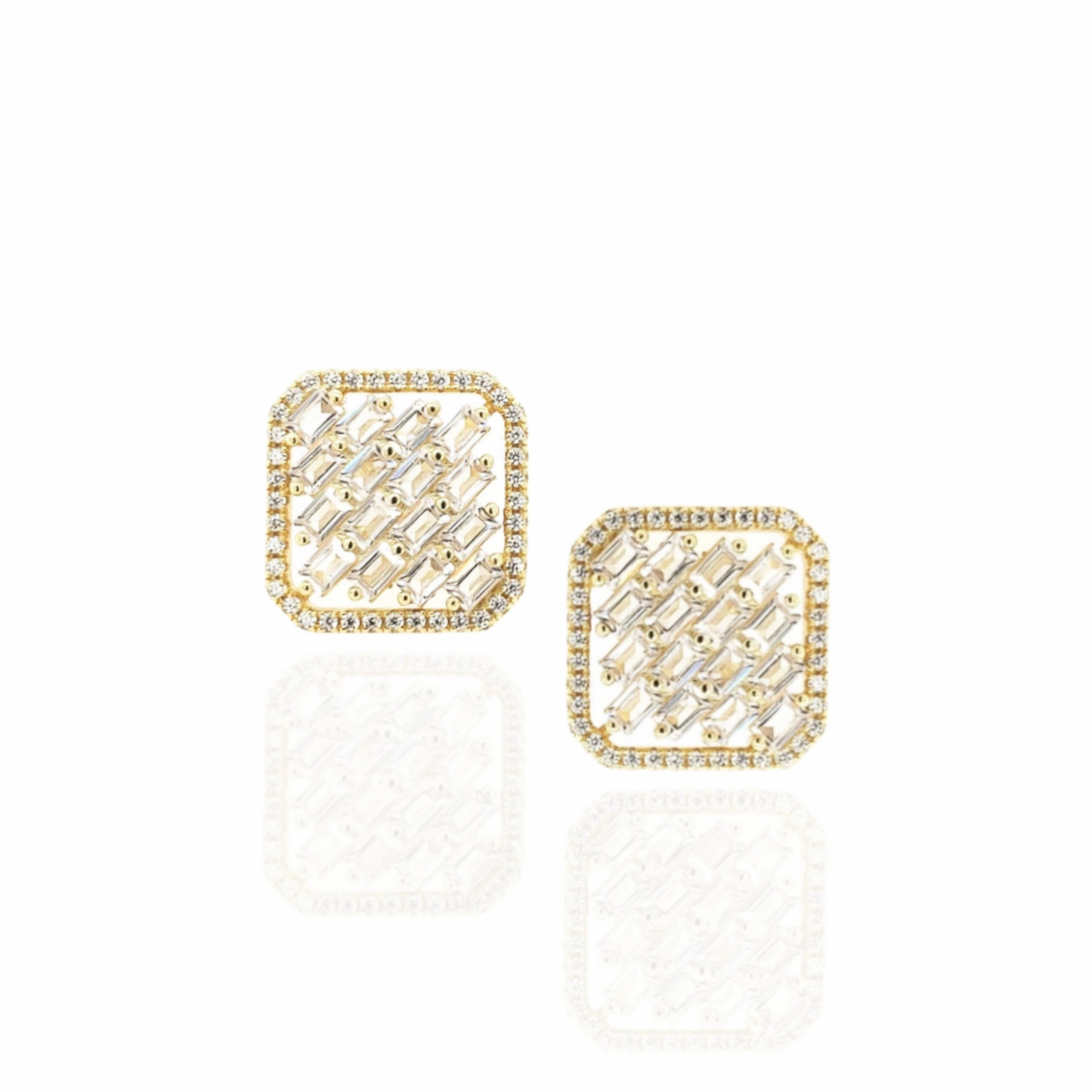 Sterling Silver Square Shaped CZ Frame With Baguette Stud Earrings Sleek Texture Gleaming Touch