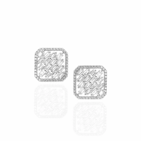 Sterling Silver Square Shaped CZ Frame With Baguette Stud Earrings Light Detail