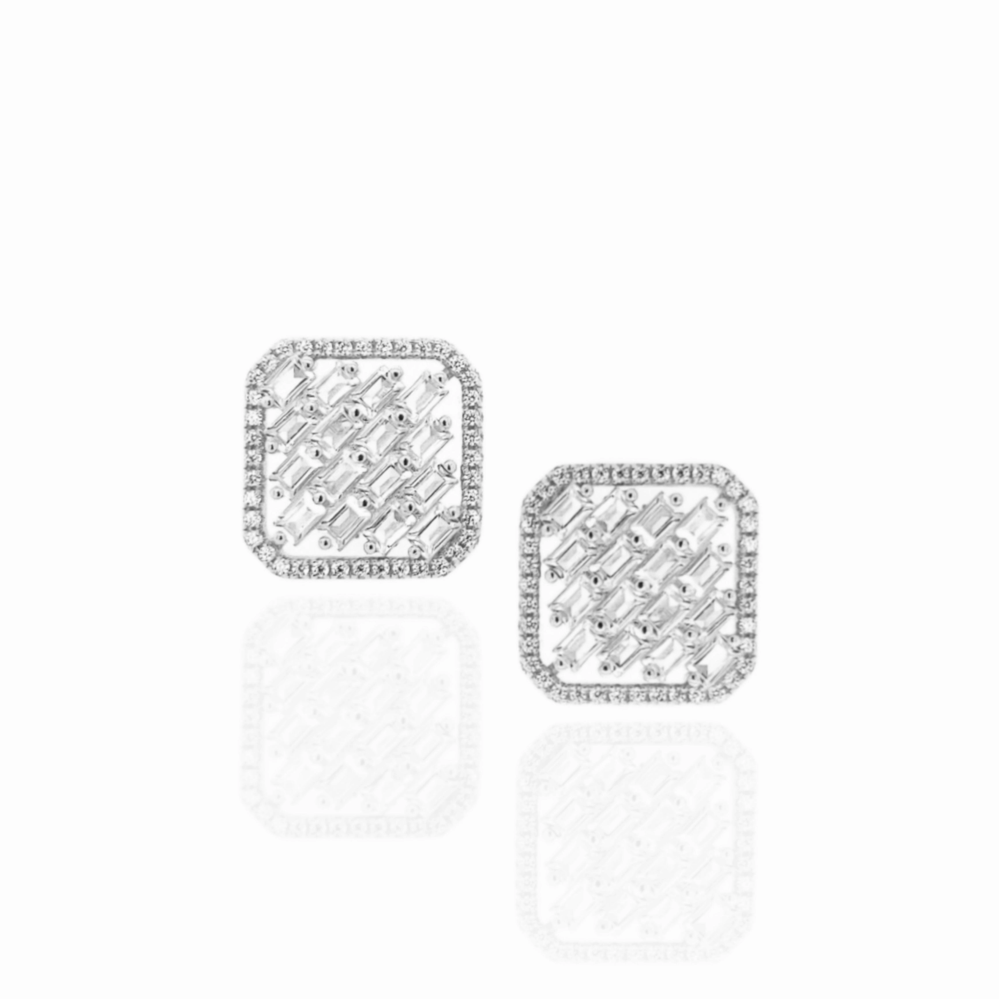 Sterling Silver Square Shaped CZ Frame With Baguette Stud Earrings Light Detail