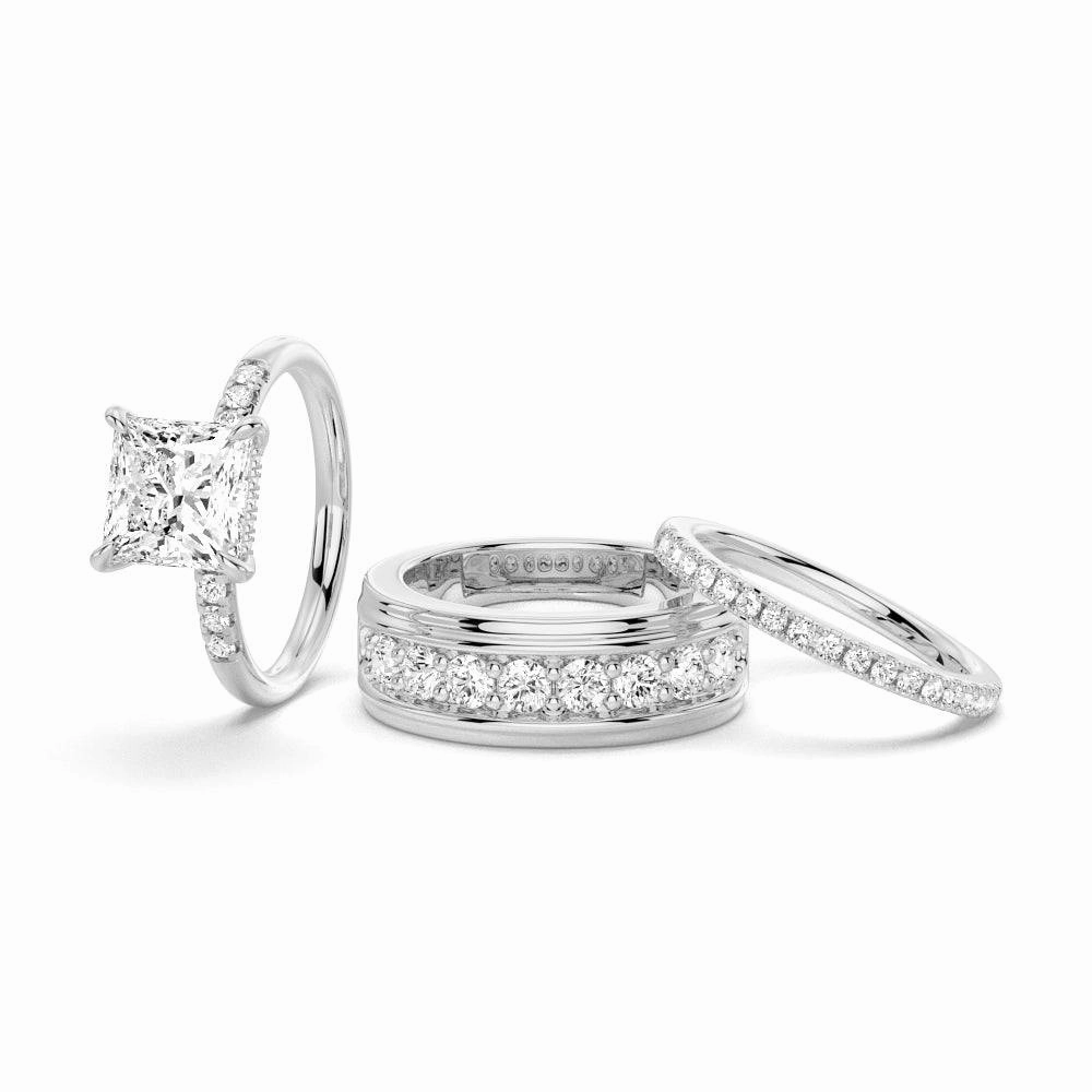 Princess Cut Hidden Halo Moissanite Couple's Ring Set with Men's Wedding Band Personal Craft