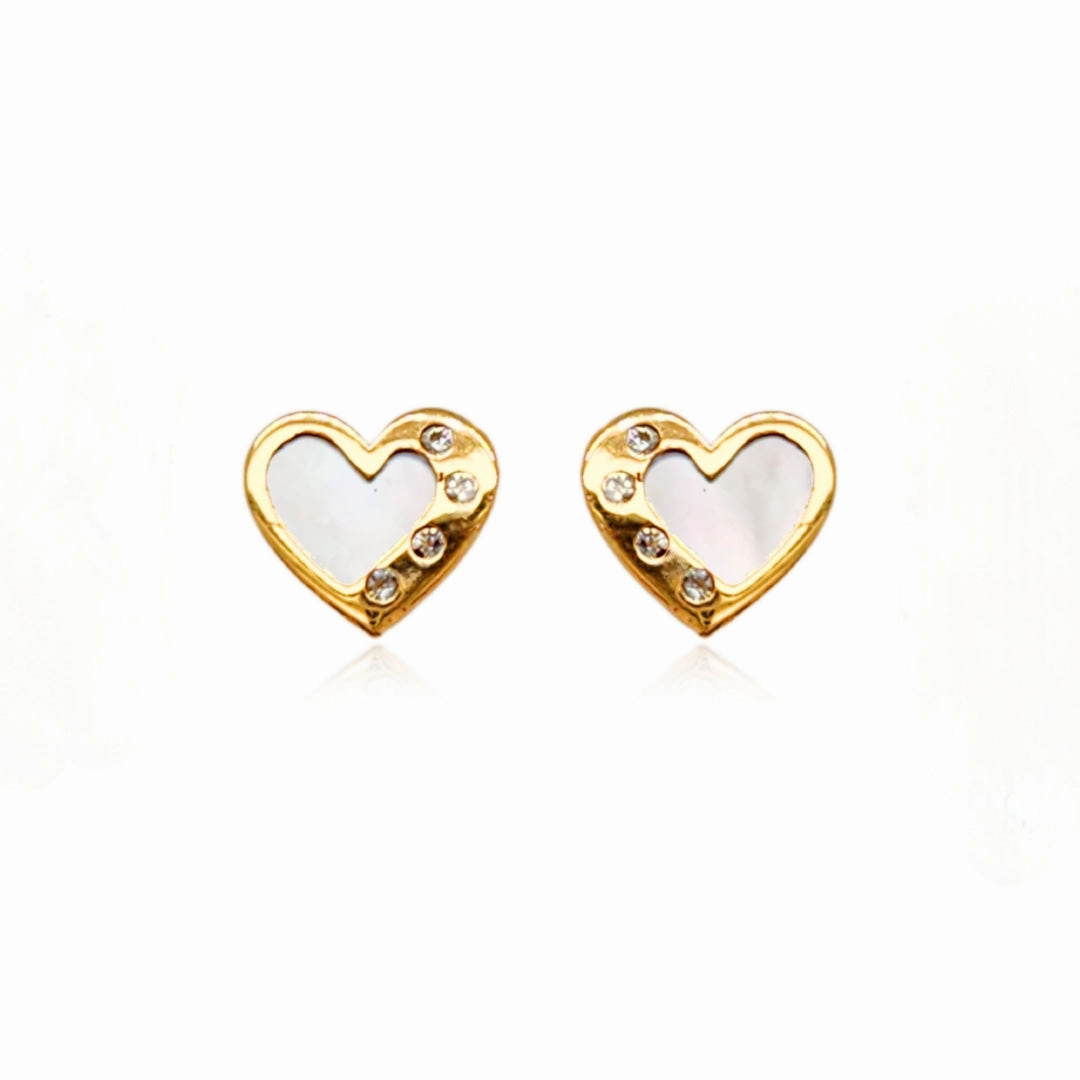 Personalized Gift 14k Gold Mother of Pearl With CZ's Small Heart Stud Earrings
