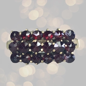 Antique Garnet Cluster Ring set in 10k Yellow Gold. January Birthstone in an Old Hollywood Glam Style. Sparkling Piece