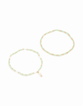 Unlimited Ideas Dressy Details Gold Green Beaded Pearl Stretch Bracelets 2-Pack