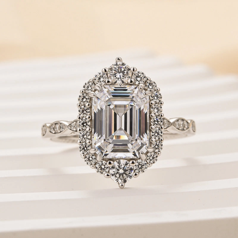 Elegant Addition Lightweight Touch Louily Vintage Halo Emerald Cut Engagement Ring In Sterling Silver