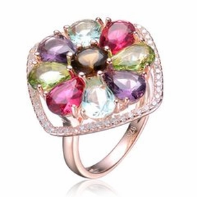 Rose Gold Plated Sterling Silver Multicolor Flower Square Ring Silhouetted Shine