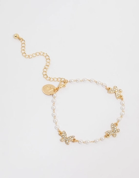 Cultural Fusion Gold Plated Pearl & Butterfly Charm Bracelet