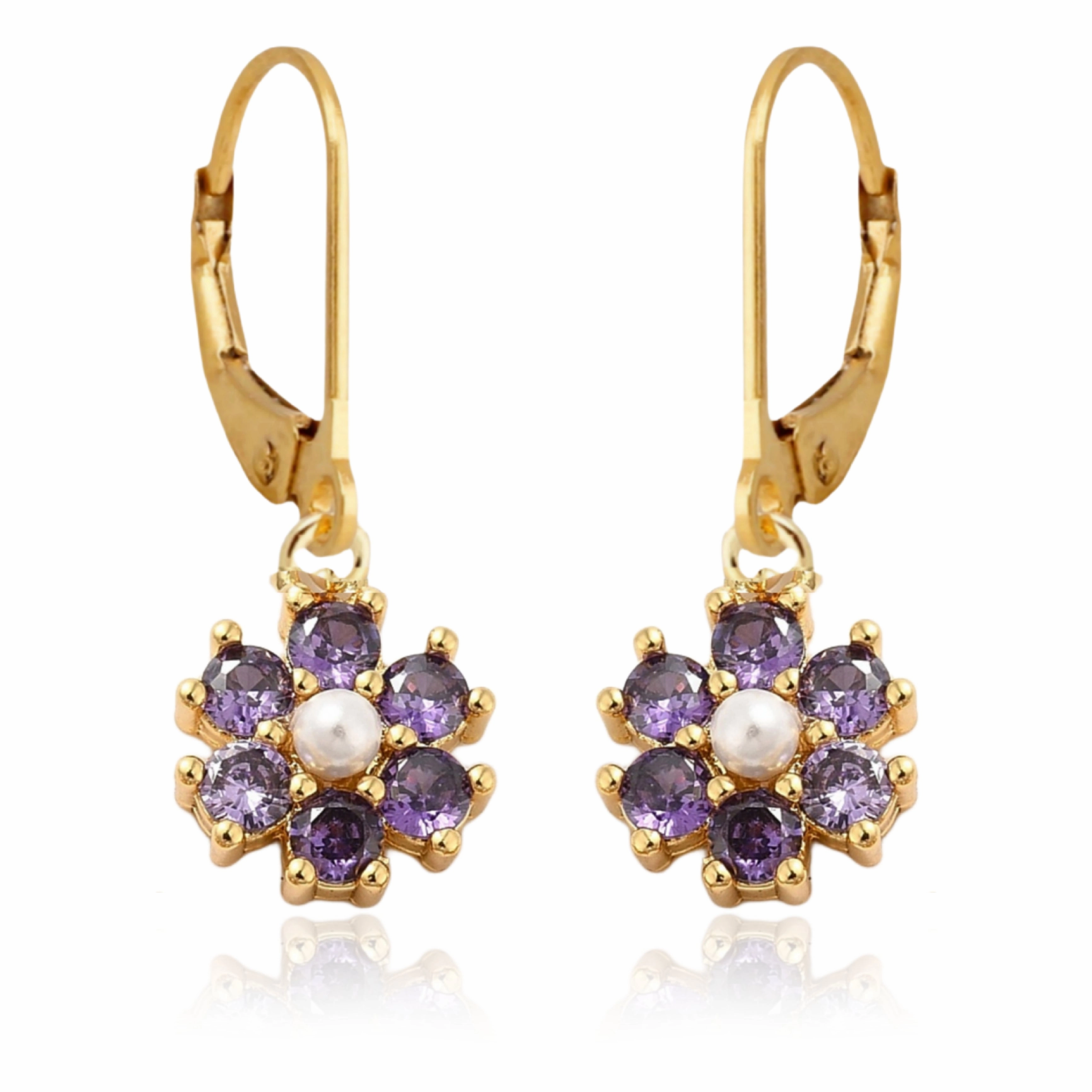 Color Stone and Pearl 7 Petal Flower Surgical Steel Earrings Soft Glow