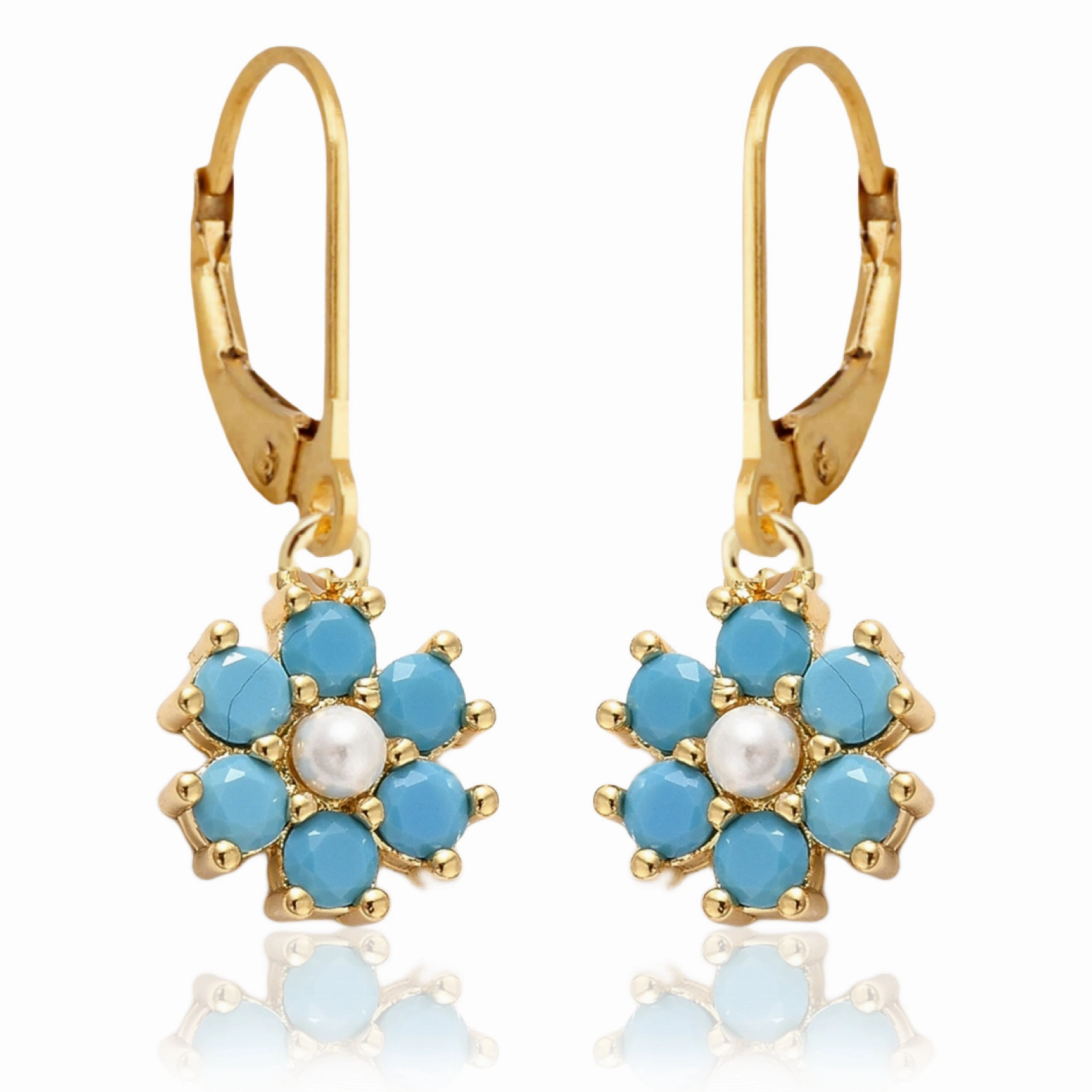 Anniversary Present Color Stone and Pearl 7 Petal Flower Surgical Steel Earrings