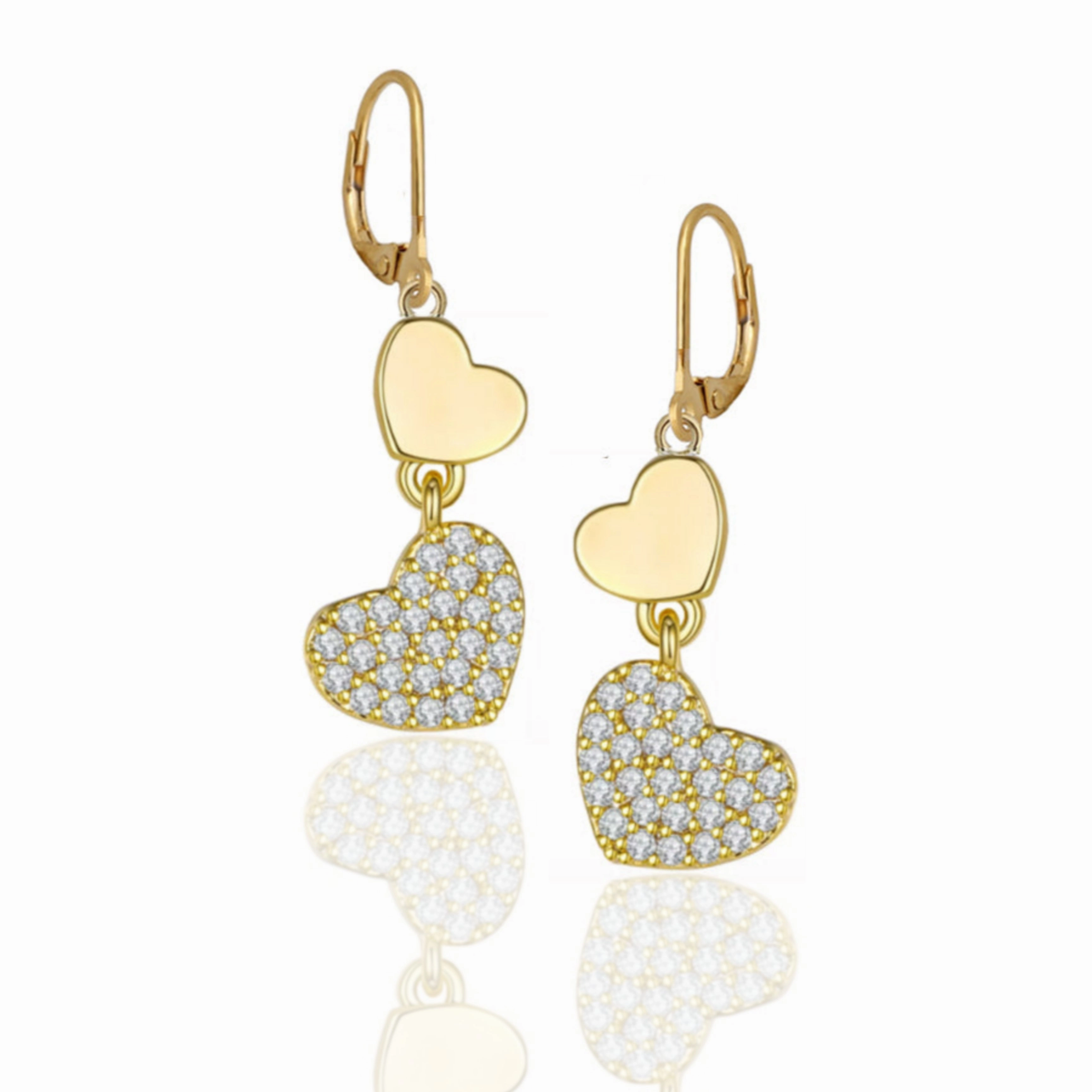 Gold Plated Surgical CZ Double Heart Shape Earrings Signature Charm Unique Creation