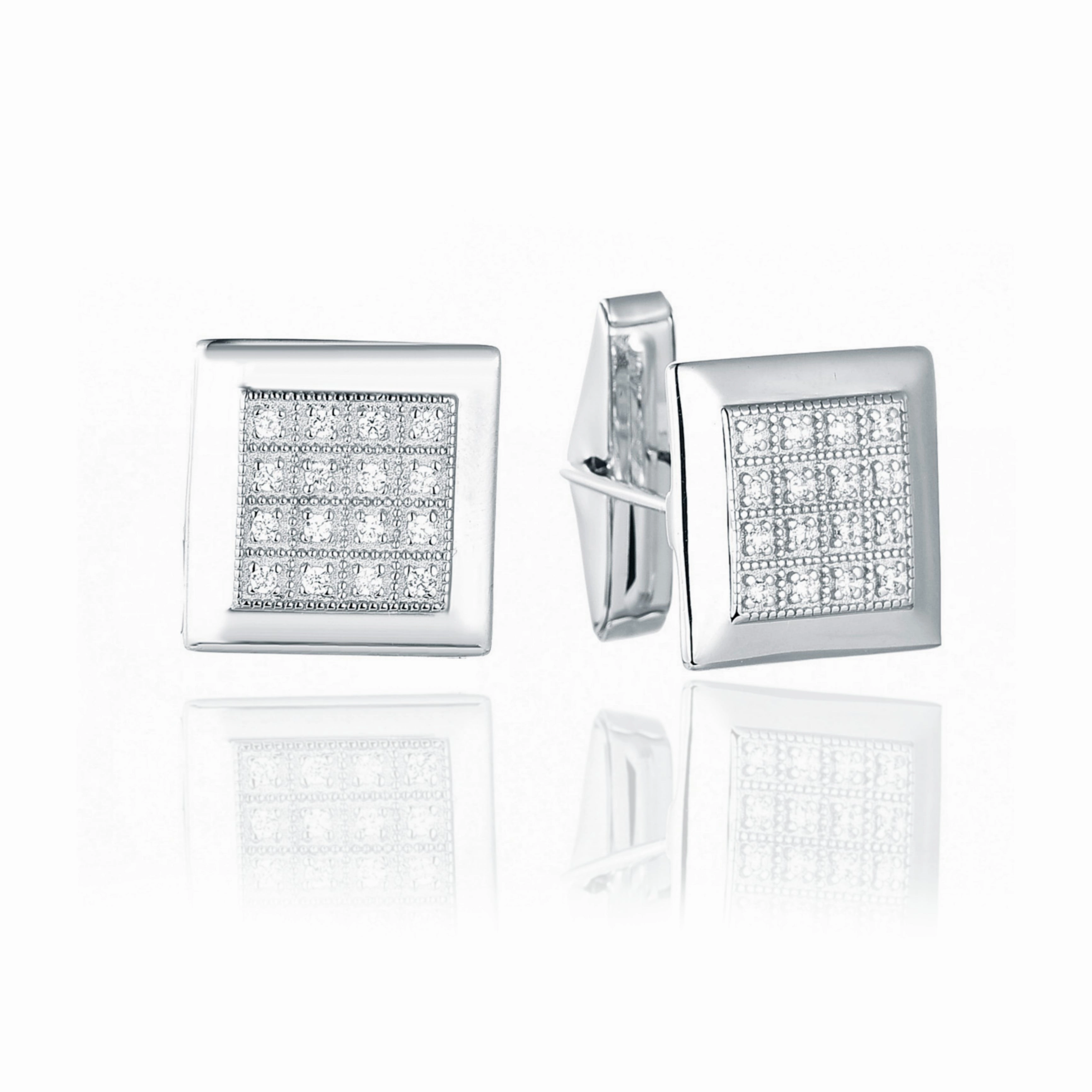 Exclusive Finish Sterling Silver Micropave 16 Stone Square Cufflinks