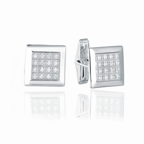 Exclusive Finish Sterling Silver Micropave 16 Stone Square Cufflinks