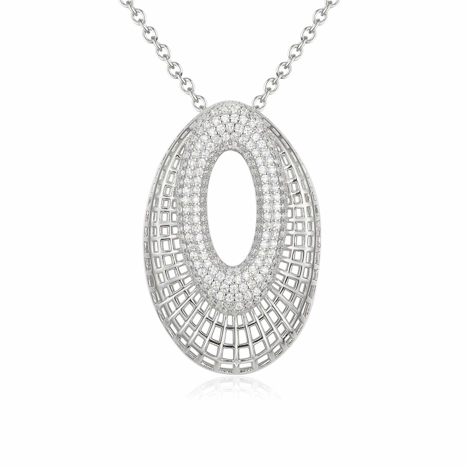 Timeless Accessory Contemporary Shine Sterling Silver Ovals With CZs Pendant Necklace