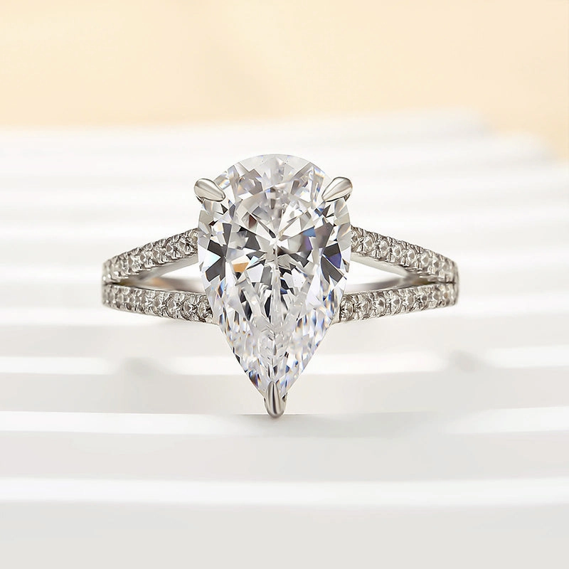 Louily Unique Split Shank Pear Cut Engagement Ring In Sterling Silver Sleek Appearance Bold Adornment