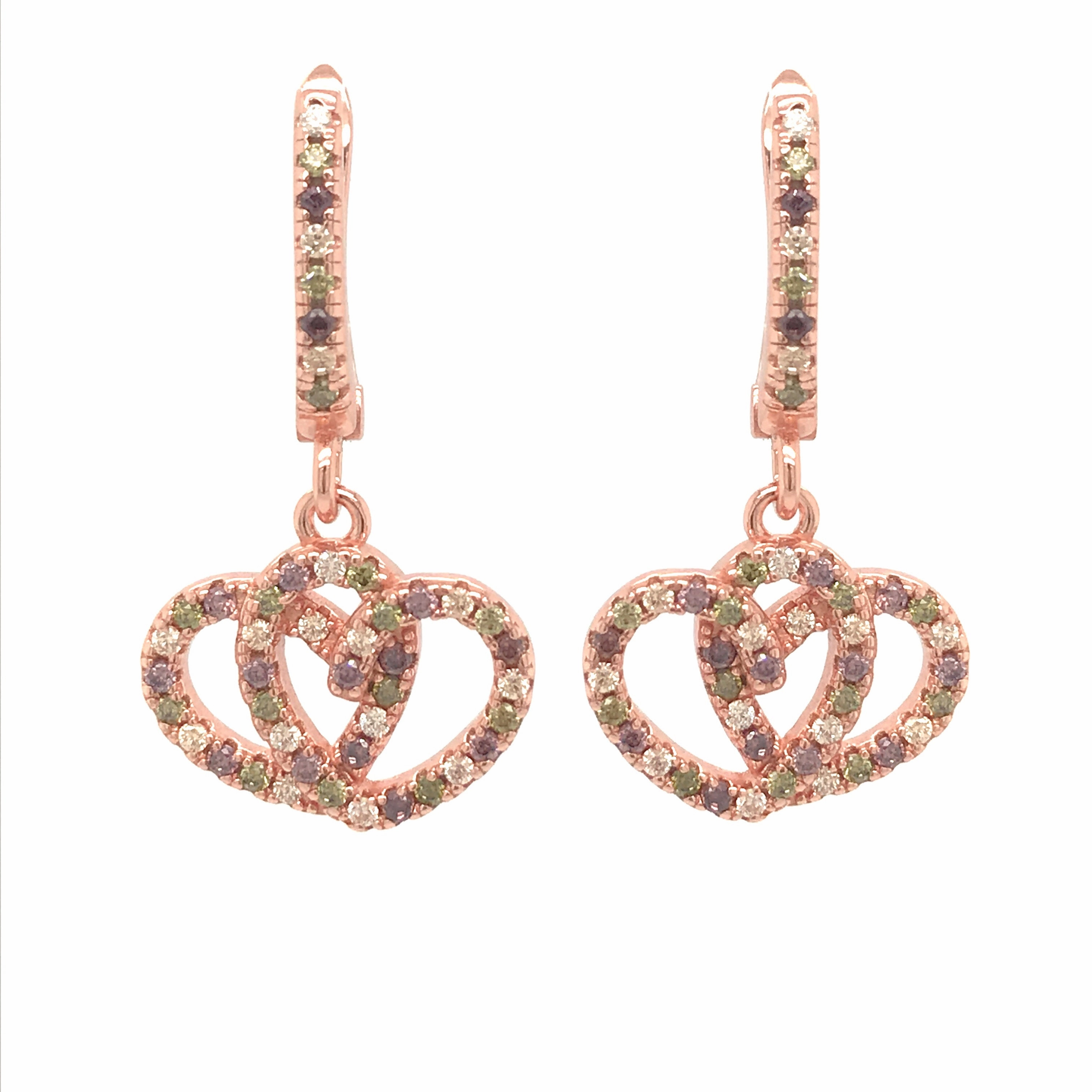 Rose Gold Plated Sterling Silver Earrings with Hanging Interlocked Double Micropave Hearts Vibrant Pieces Dainty Spark