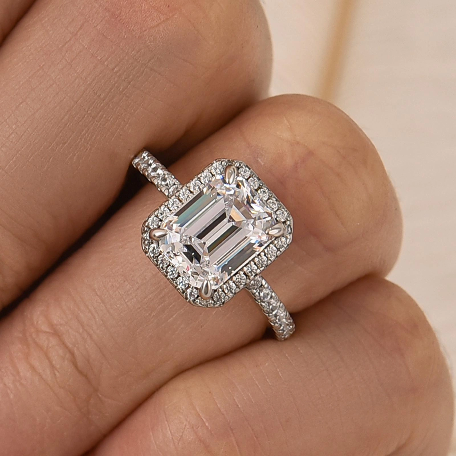 Part Of Collection Fancy 2.5Ct Emerald Cut Halo Engagement Ring For Woman In Sterling Silver