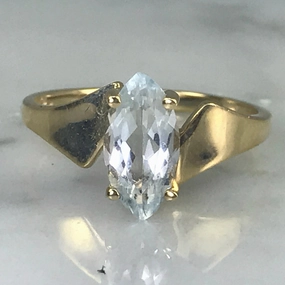 Chic Duo Polished Surface Aquamarine Ring. Modernist 10k Yellow Gold Setting. March Birthstone. 19th Anniversary.