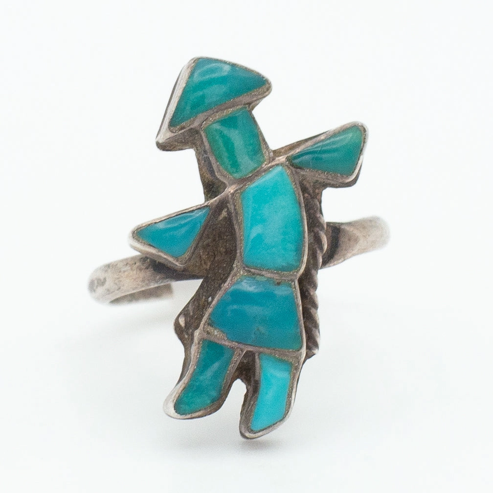 Navajo Handmade Sterling Silver Turquoise Ring (Hallmark Unknown) (Size 4.5) Dynamic Accent Unique Piece