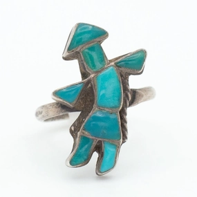 Navajo Handmade Sterling Silver Turquoise Ring (Hallmark Unknown) (Size 4.5) Dynamic Accent Unique Piece