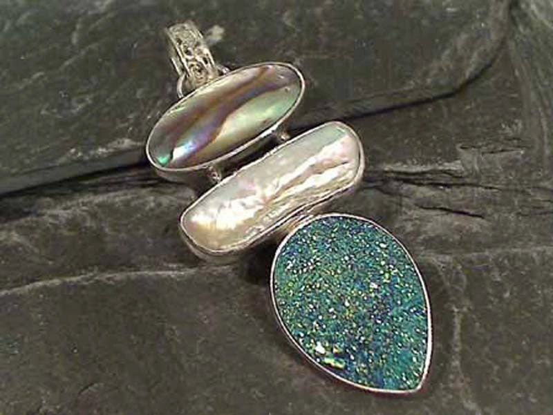 Druzy, Abalone, Biwa Pearl, .925 Pendant Fashionable Glow Subtle Charm