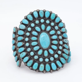 Handmade Sterling Silver Turquoise Petit Point Cuff Bracelet (Hallmark Unknown) Modern Sparkle Brilliant Finish