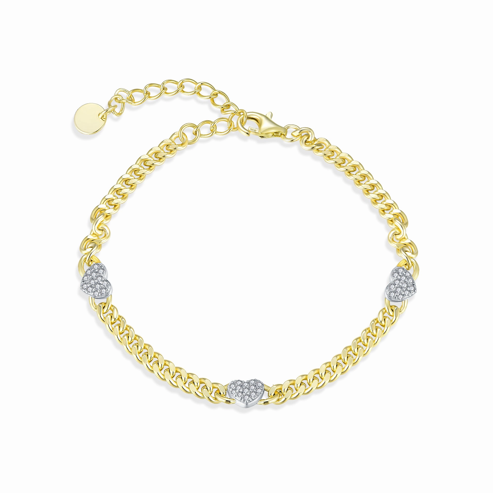 Luxury Design Pieces Brunch Outfit Gold-plated Sterling Silver Cuban Chain With Three Micropave Hearts Bracelet