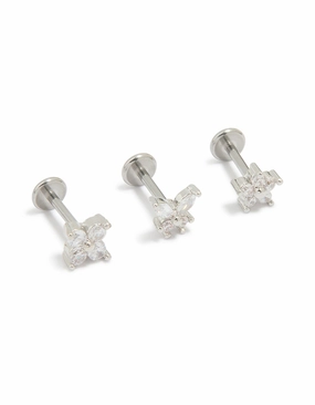 Glamour Shine Surgical Steel Cubic Zirconia Floral Flat Back Studs 3-Pack