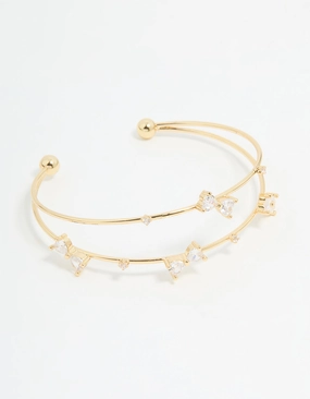 Gold Plated Cubic Zirconia Bow Open Wrist Cuff Petite Edge