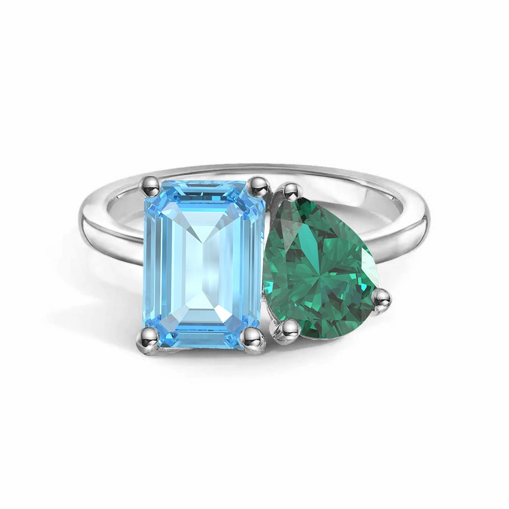 Premium Look Toi et Moi Personalized Aquamarine Birthstone Anniversary Ring