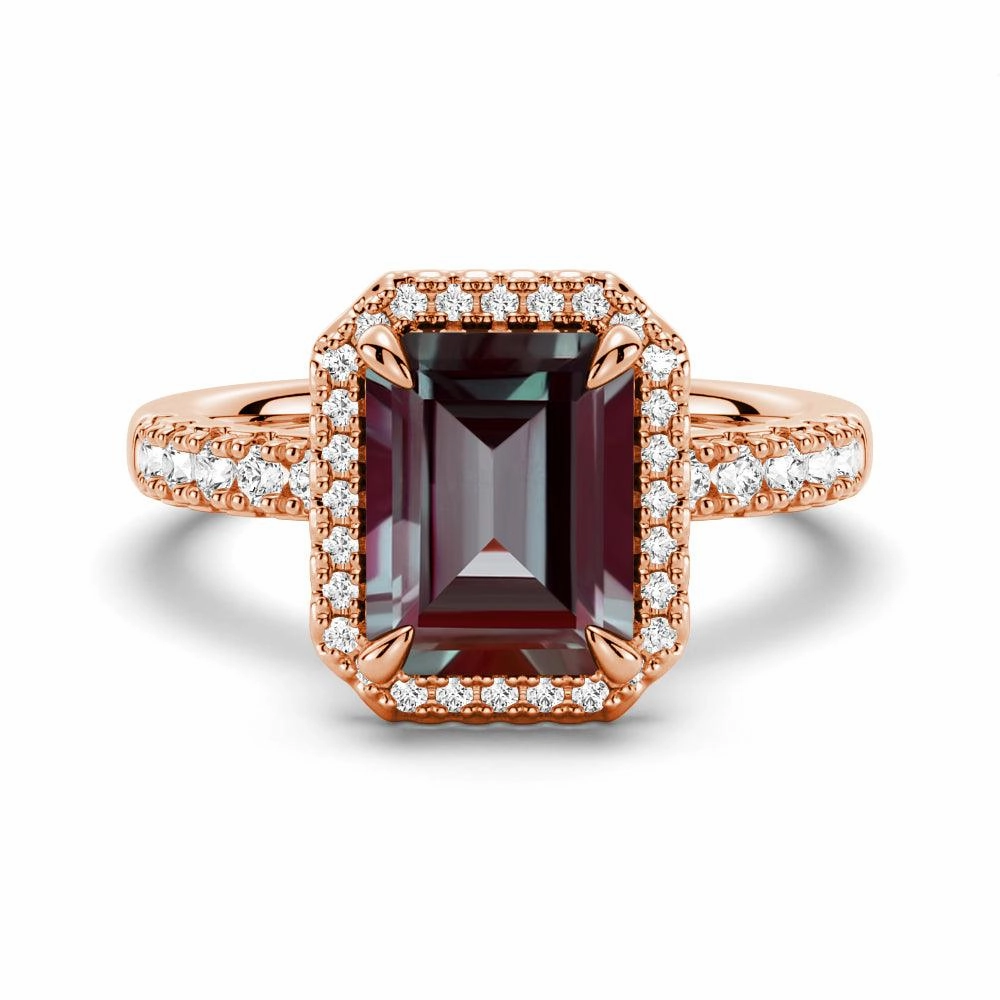 3 CT. Emerald Cut Alexandrite Engagement Ring With Moissanite Halo Pav?? Handcrafted Accessories