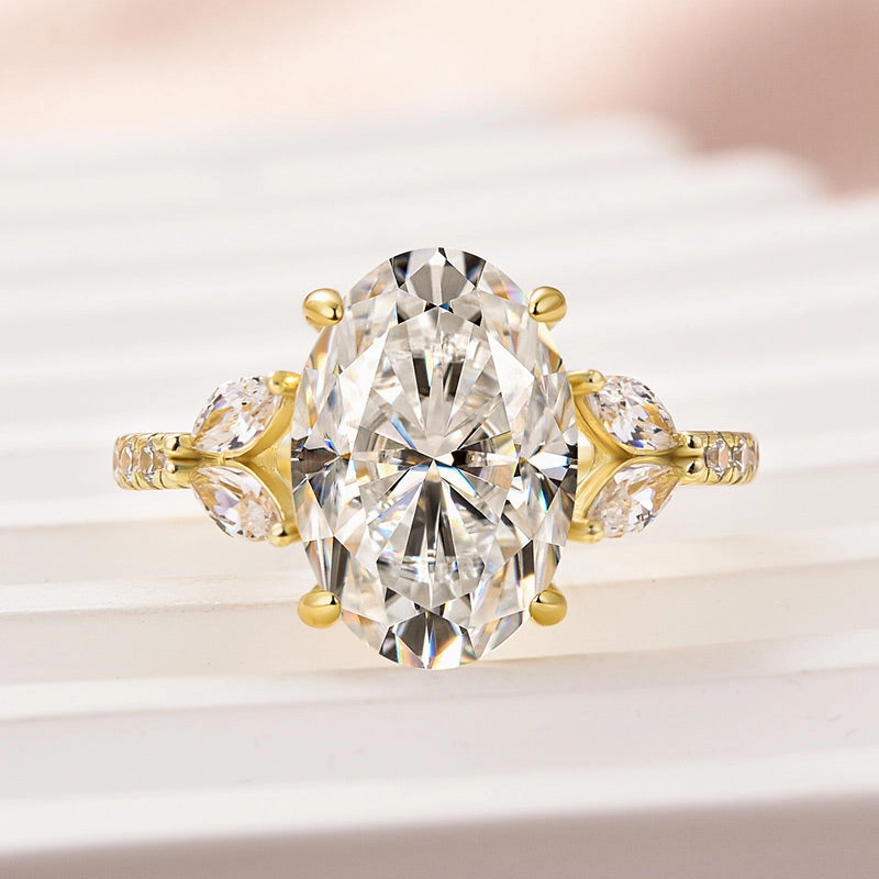 Louily Moissanite 4.0 Ct Oval and Angled Marquise Five Stone Engagement Ring Balanced Flow Glamorous Gift